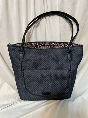 Vera Bradley Blue Quilted Tote Bag with Pink Floral Lining